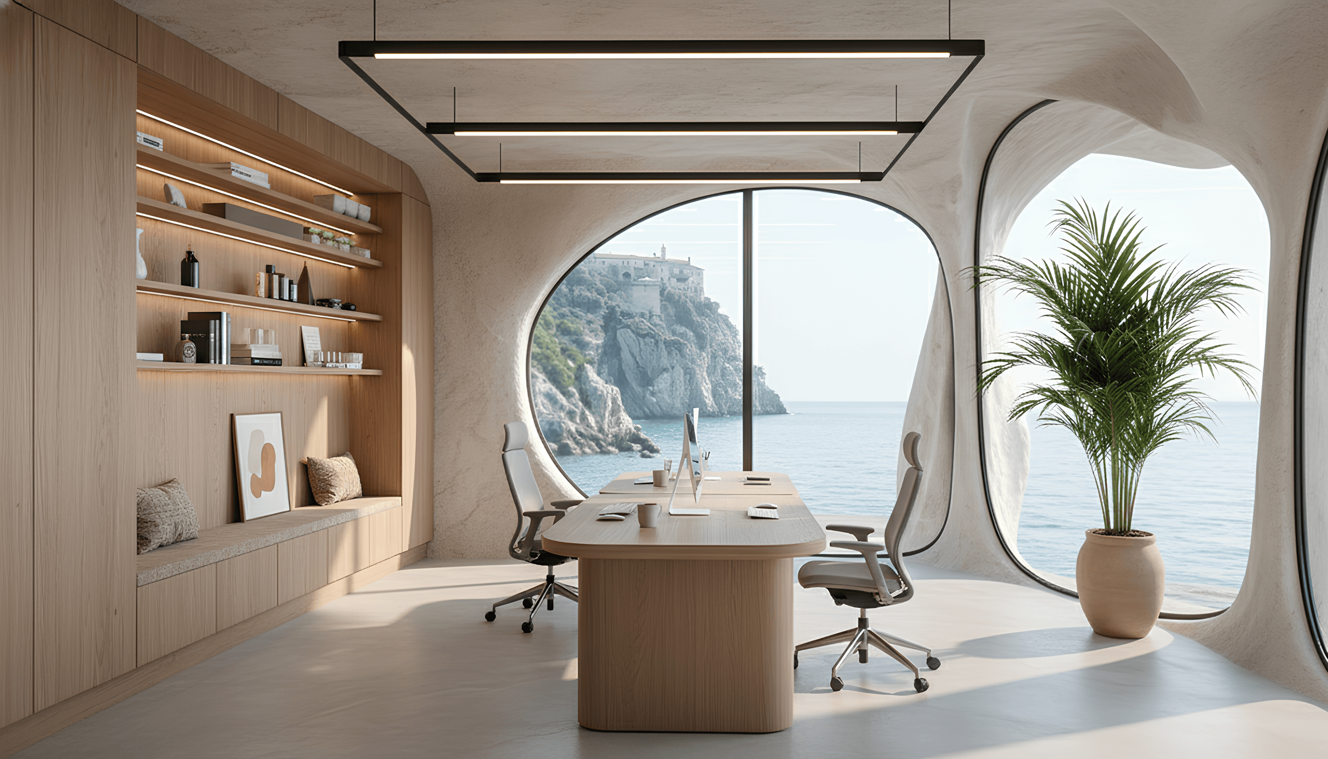 A private office sanctuary with a large arched window framing a stunning view of the sea and coastal cliffs. The room features a modern wooden desk, sleek shelving with decor, and a calm, minimalist aesthetic designed for deep focus.