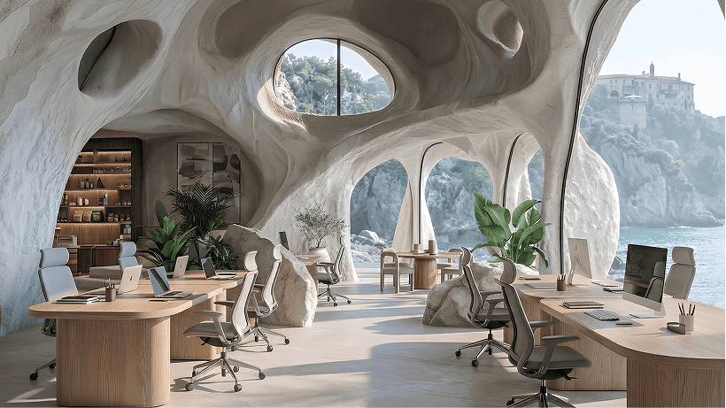 Sun-drenched open workspace featuring organic, cave-like architecture with large arched windows overlooking the ocean. The space is furnished with light wooden desks, ergonomic chairs, and indoor plants, creating a serene and collaborative atmosphere.