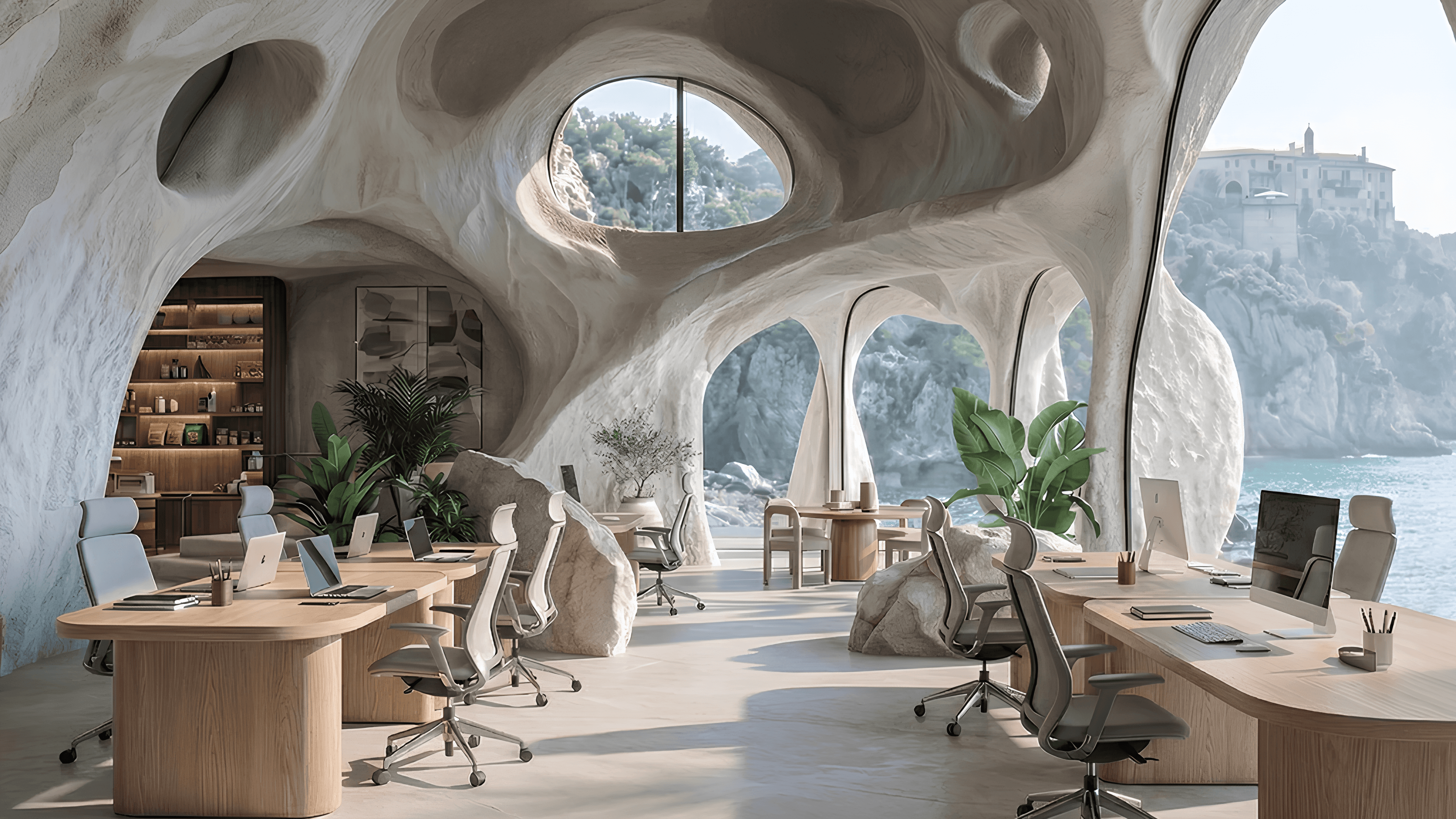 Sun-drenched open workspace featuring organic, cave-like architecture with large arched windows overlooking the ocean. The space is furnished with light wooden desks, ergonomic chairs, and indoor plants, creating a serene and collaborative atmosphere.