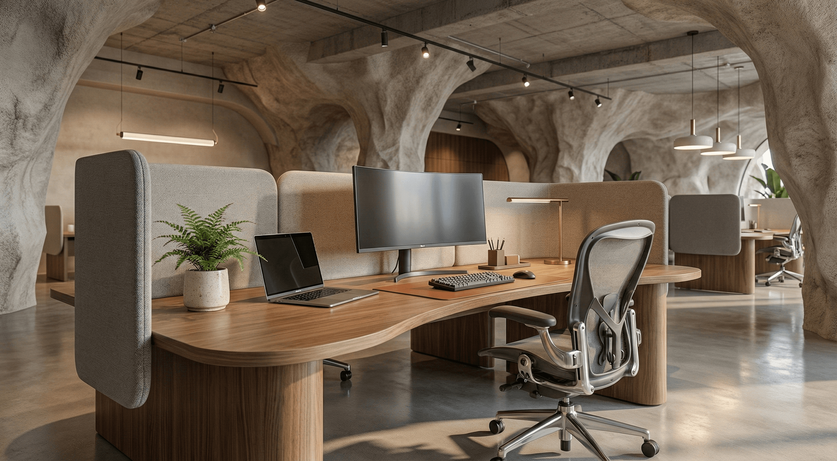 A dedicated workspace with a curved wooden desk, dual monitor setup, wireless TKL mechanical keyboard and mouse and ergonomic chair. The space combines raw concrete cave-like textures with warm wood accents and privacy screens, offering a professional yet unique environment.