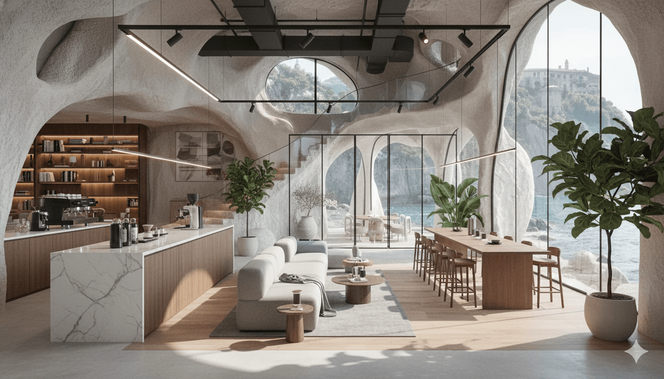 Cafe area at Atlas Coworking with warm lighting and seating.