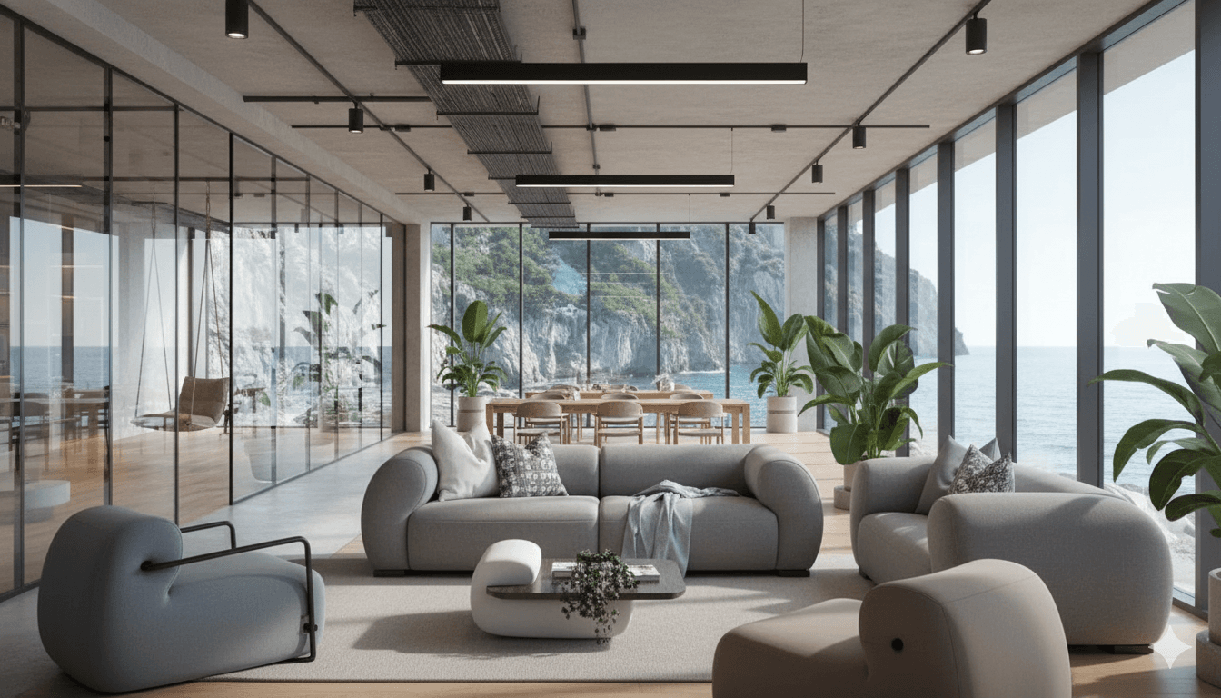 Free open workspace with desks and natural light.