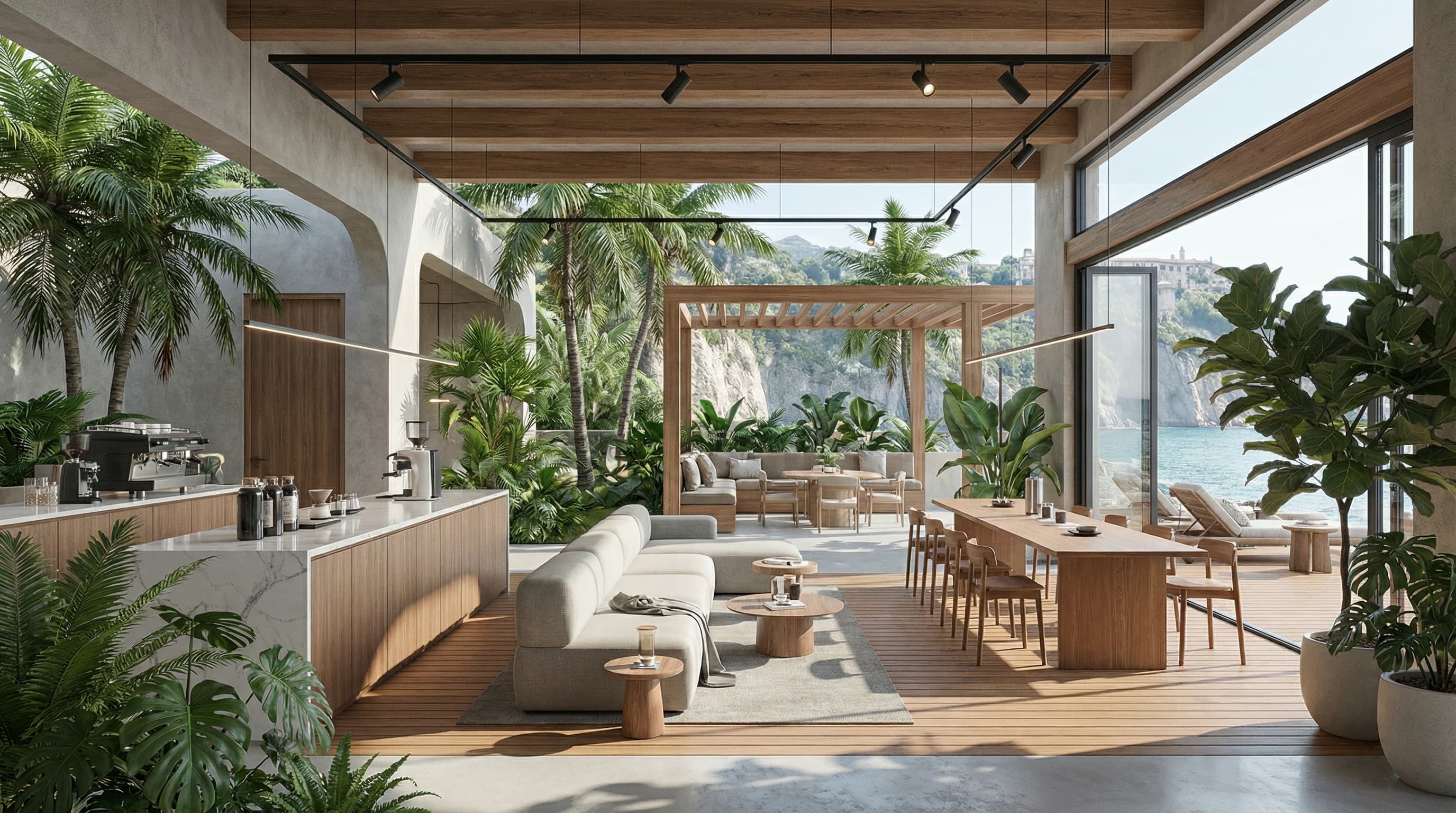 Outdoor garden with greenery and casual seating.