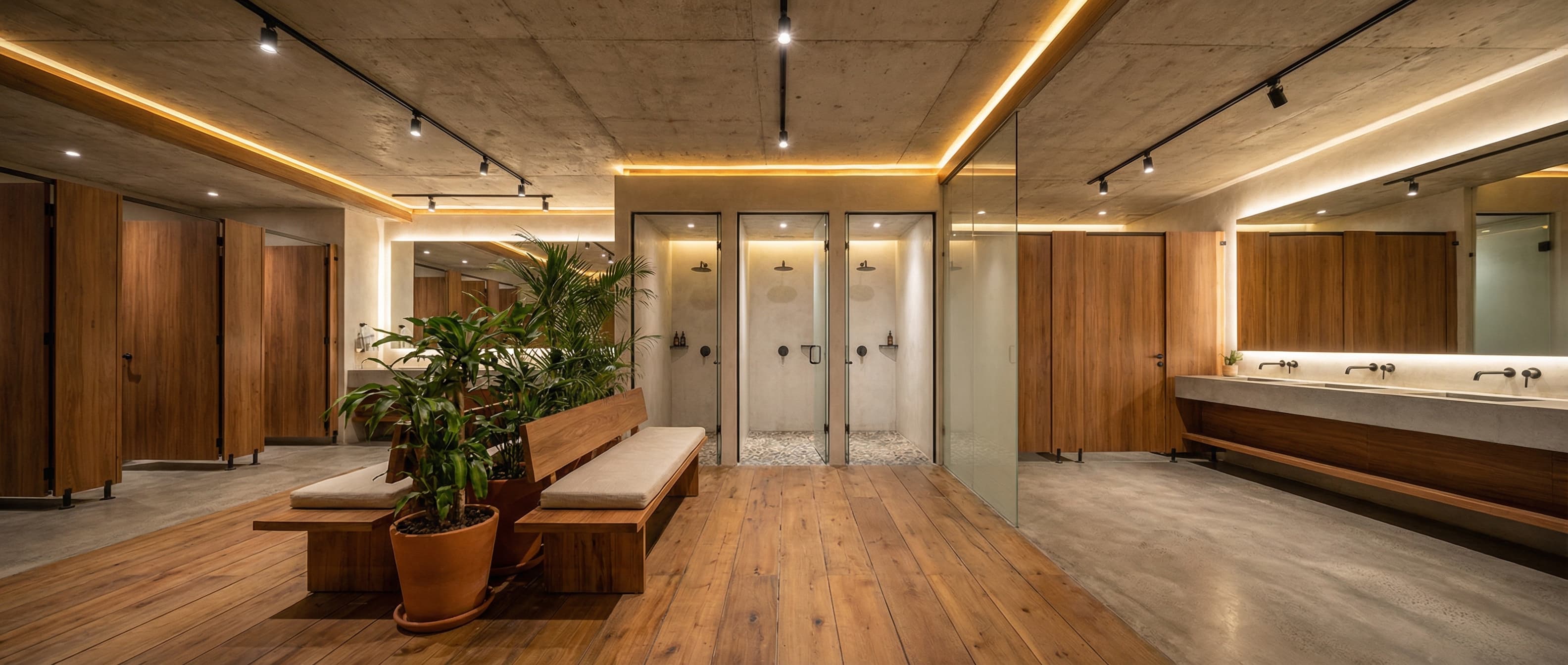 Restroom with minimalist tile and wooden accents.